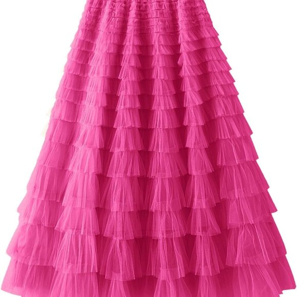 Women's Long Maxi Tulle Skirts A Line Ruffle High Waisted Tiered Layered Mesh Tu - Picture 2 of 7